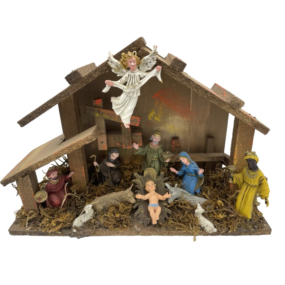 Vintage Christmas Nativity Set Stable 11 Pc Creche Made in Italy‎ 9 x 13"
